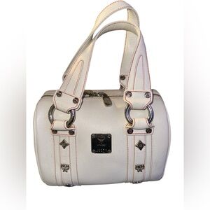 MCM white with red threading Leather Logo Motifs Studded Satchel EUC